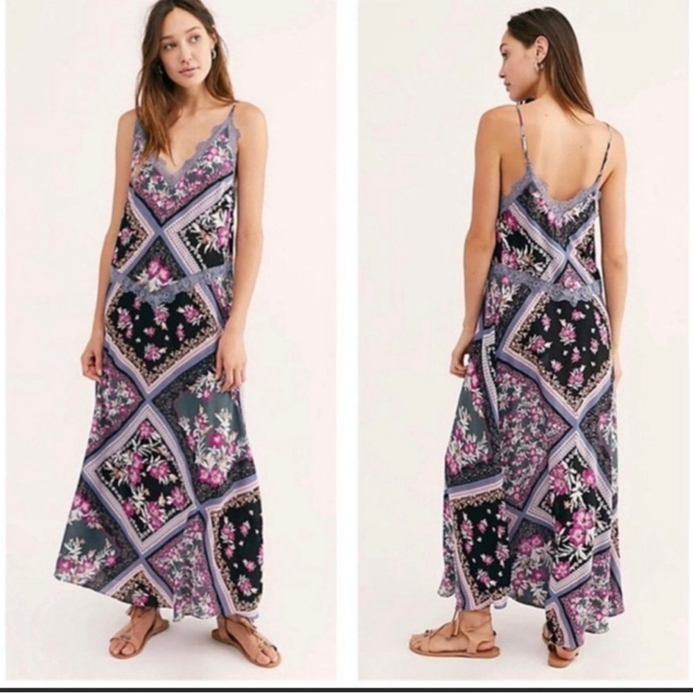 Free People Stevie Printed Lace Trim Maxi Dress Gray S